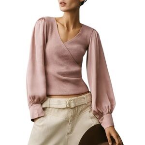 Anthropologie Twofer Faux Wrap Sweater Womens Large Puff Ribbed Boho Stretch
